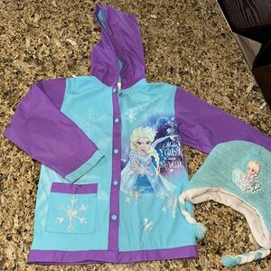 Girls FROZEN hooded rain jacket and knit hat